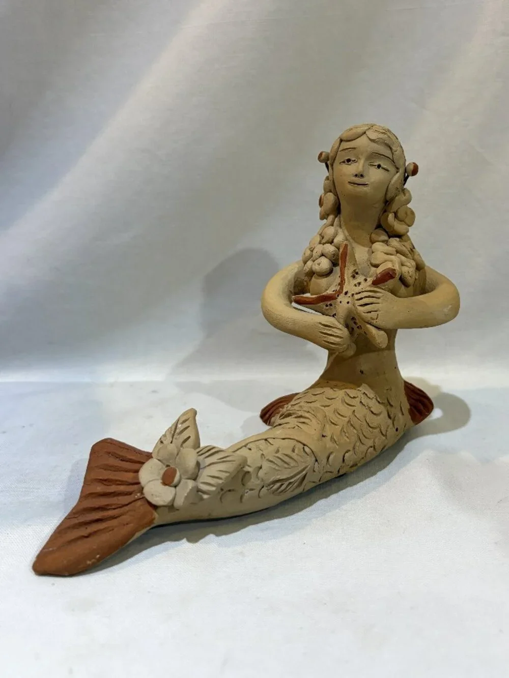 Handmade Clay Pottery Little Mermaid Holding Starfish Sculpture Figurine